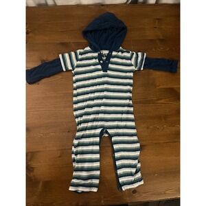KicKee Pants‎ Blue & Green Striped Print Long Sleeve Hoodie Romper Size 6-12 M